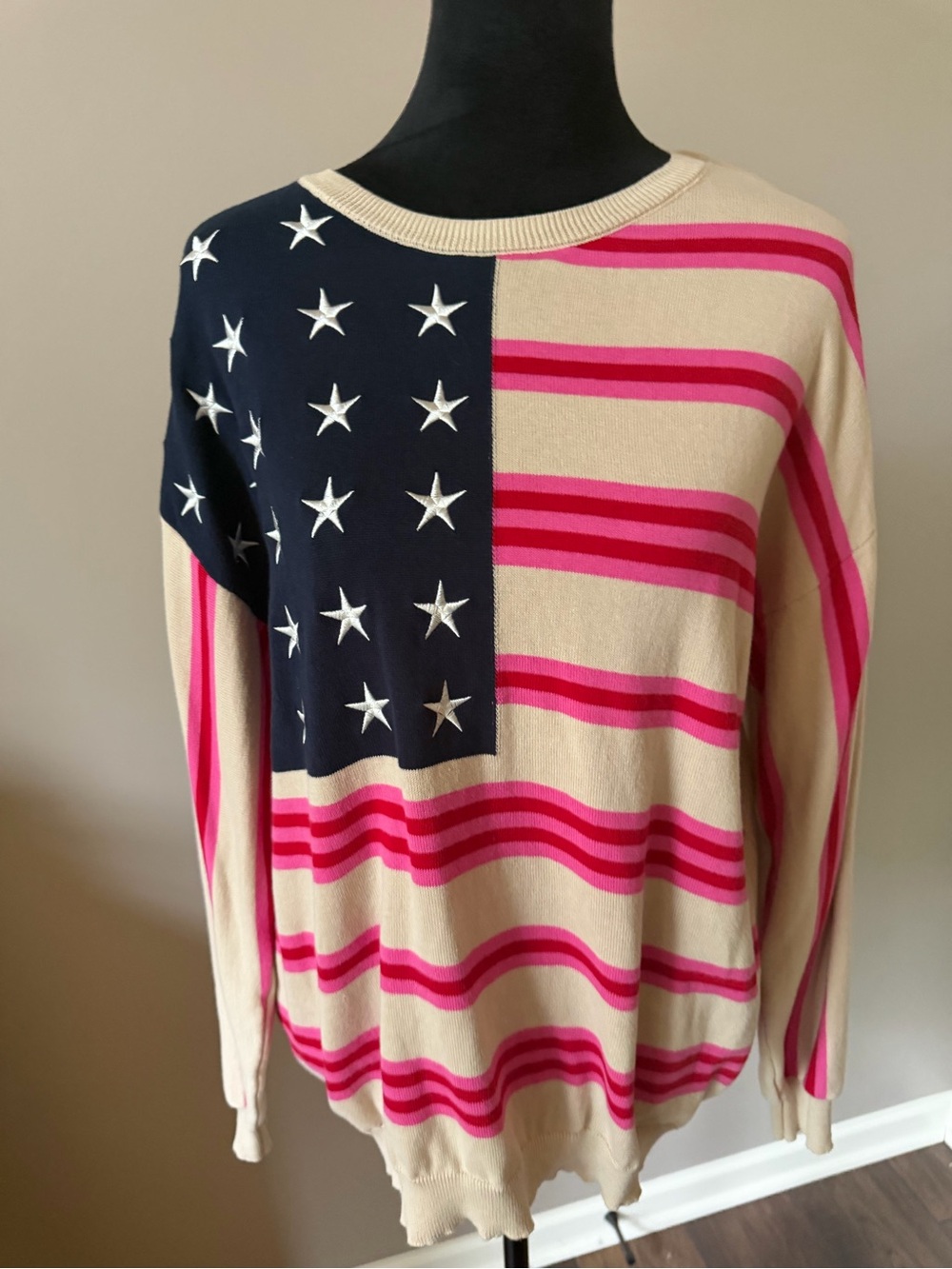 Fate lag Stripe Crewneck Sweater in Cream and Navy w/Pink Accents Small